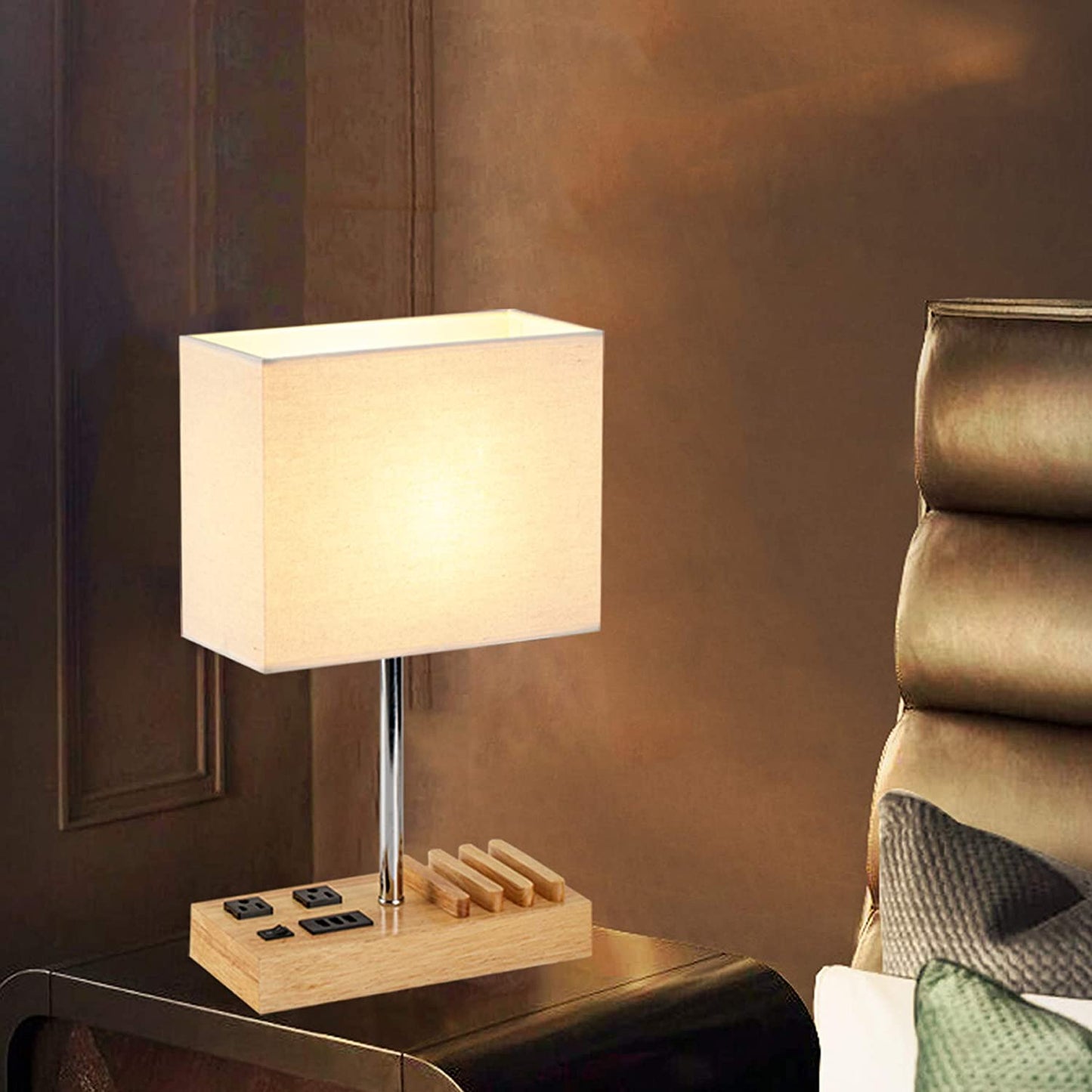 Desk Lamp with 3 USB Charging Ports, 2 AC Outlets, and 3 Phone Stands, Featuring a Natural Wooden Base and Cream Linen Shade for Nightstand Use