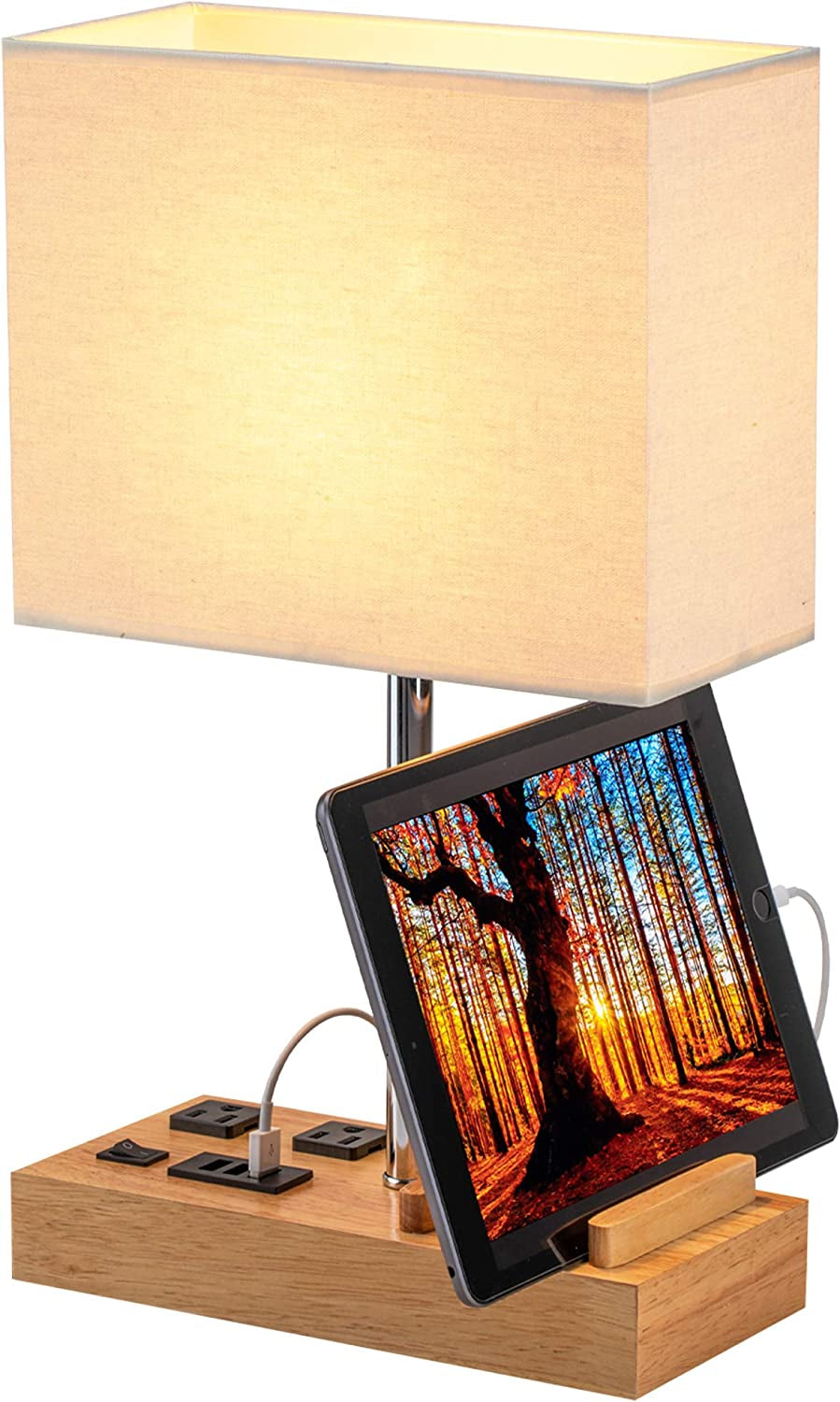 Desk Lamp with 3 USB Charging Ports, 2 AC Outlets, and 3 Phone Stands, Featuring a Natural Wooden Base and Cream Linen Shade for Nightstand Use