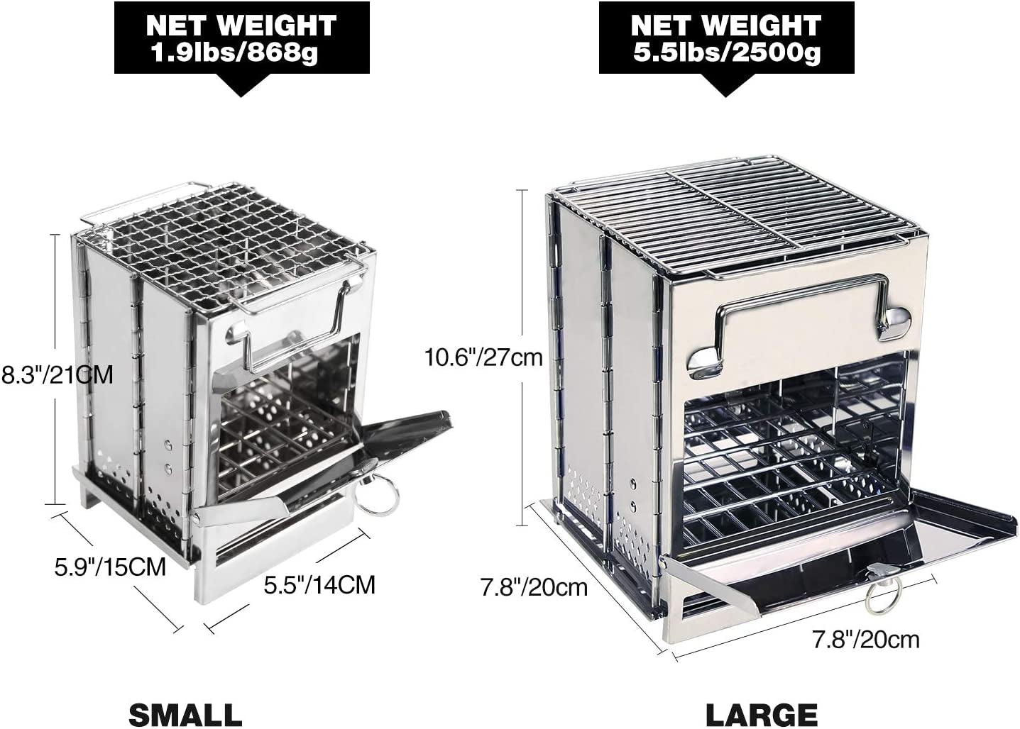 Wood Burning Folding Camp Stove Stainless Steel Grill, Portable Collapsible Backpacking Stove Survival Rocket Stove for Hiking Outdoor Tent Camping Picnic BBQ, Large