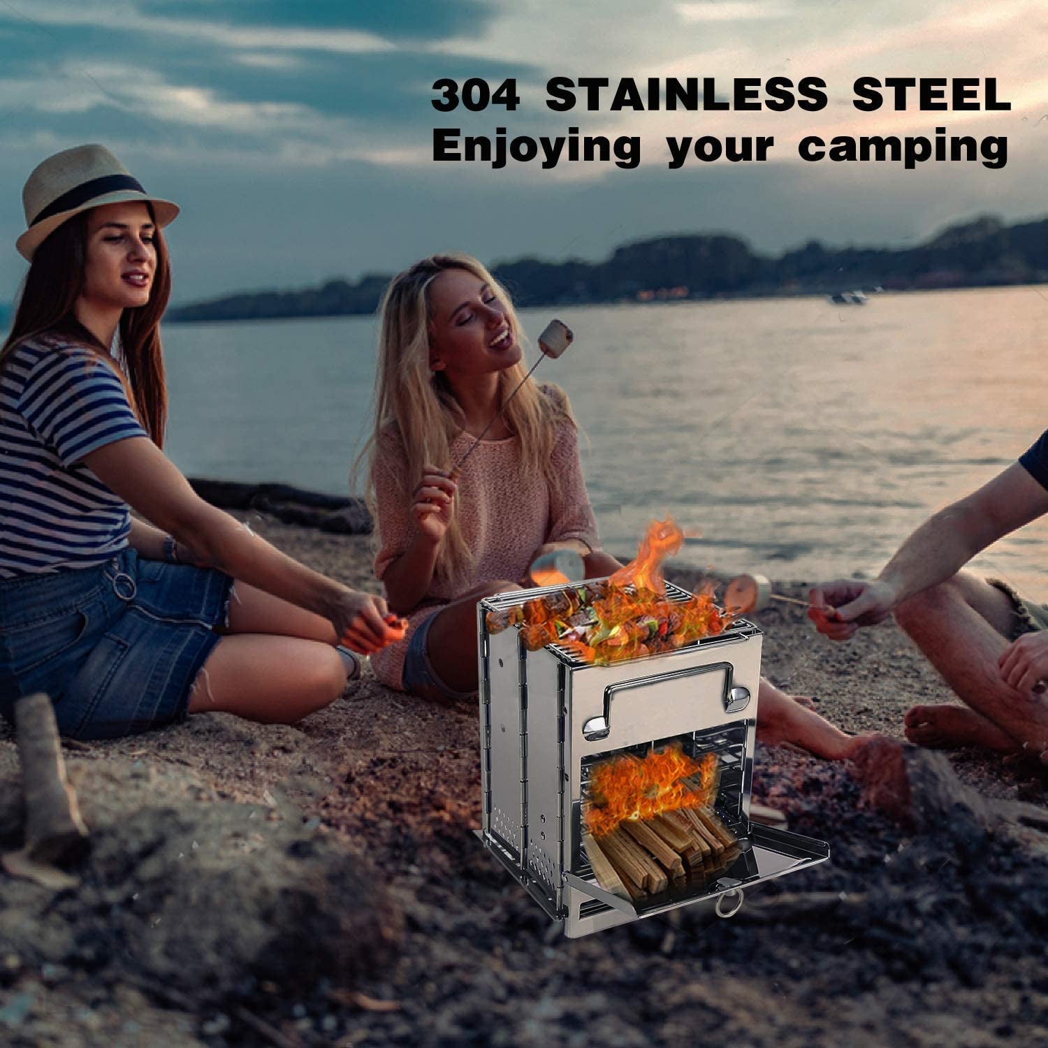 Wood Burning Folding Camp Stove Stainless Steel Grill, Portable Collapsible Backpacking Stove Survival Rocket Stove for Hiking Outdoor Tent Camping Picnic BBQ, Large