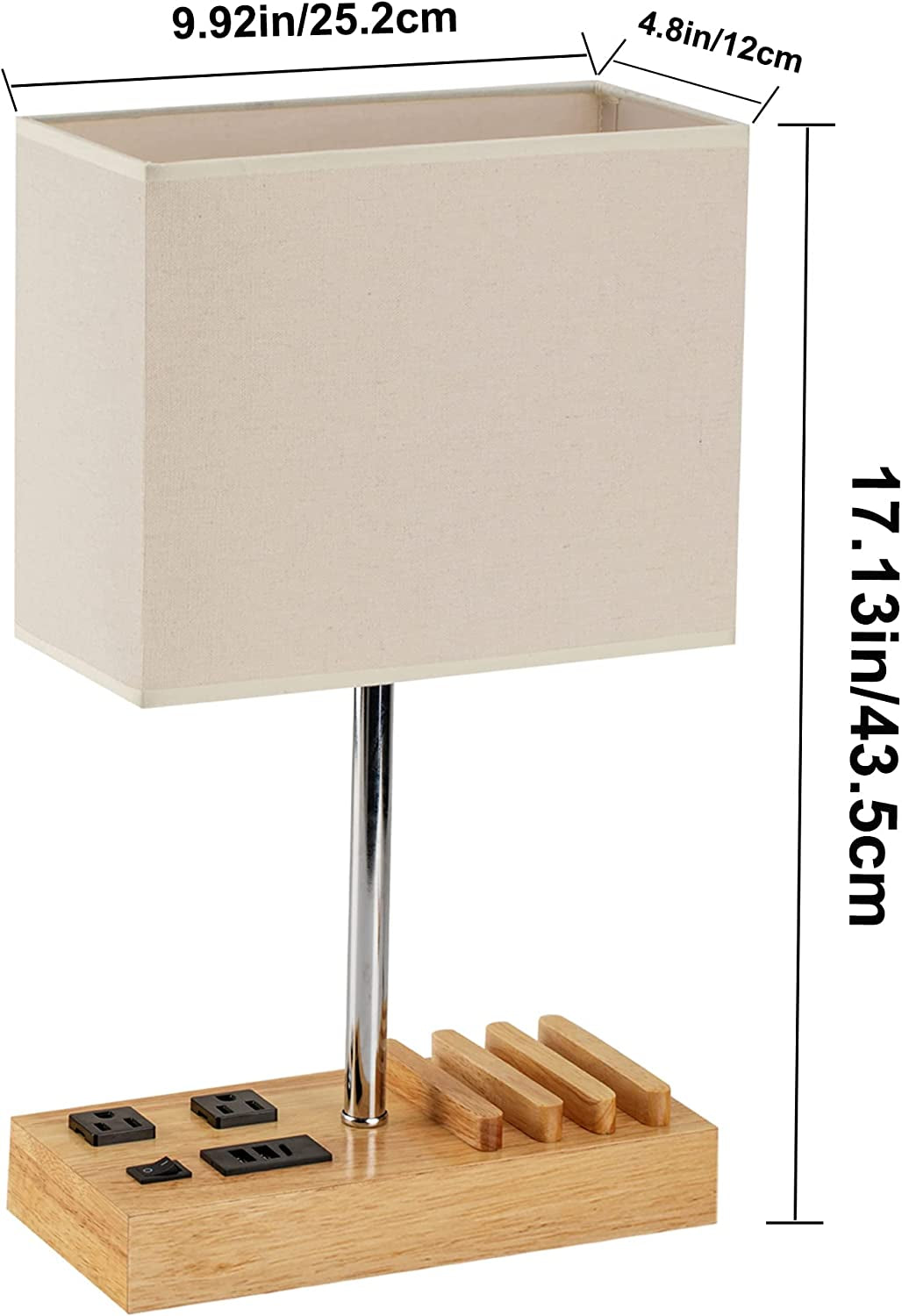 Desk Lamp with 3 USB Charging Ports, 2 AC Outlets, and 3 Phone Stands, Featuring a Natural Wooden Base and Cream Linen Shade for Nightstand Use