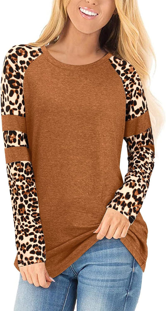 Women'S Long/Short Sleeve Leopard Print Color Block Tunic Tops Casual Raglan Shirt