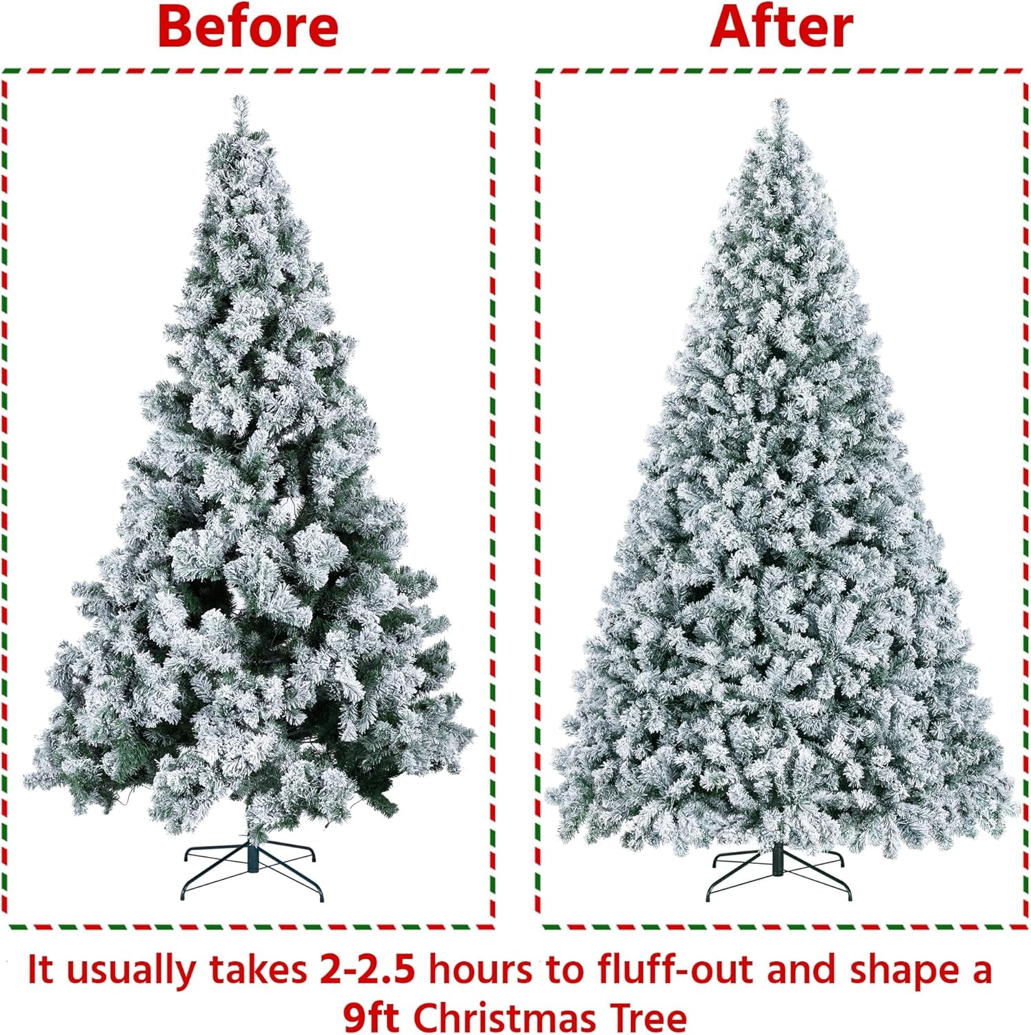 9Ft Pre-Lit Artificial Christmas Tree with Incandescent Warm White Lights, Snow Flocked Full Prelighted Xmas Tree W/2084 Branch Tips, 900 Incandescent Lights & Foldable Stand, Green & White