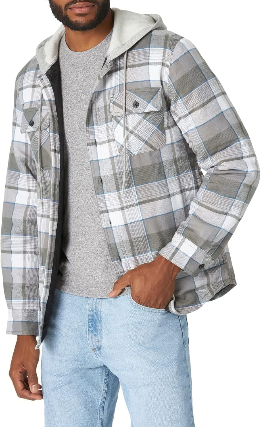 Men'S Long Sleeve Quilted Lined Flannel Shirt Jacket with Hood