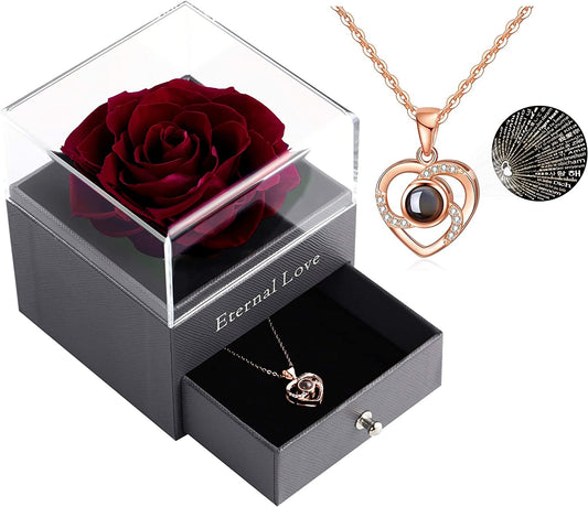 Preserved Real Wine Red Rose with Love You Necklace in 100 Languages Gift Set, Enchanted Real Rose Flower for Valentine'S Day Anniversary Wedding Bthday Romantic Gifts for Her (Wine Red Rose)