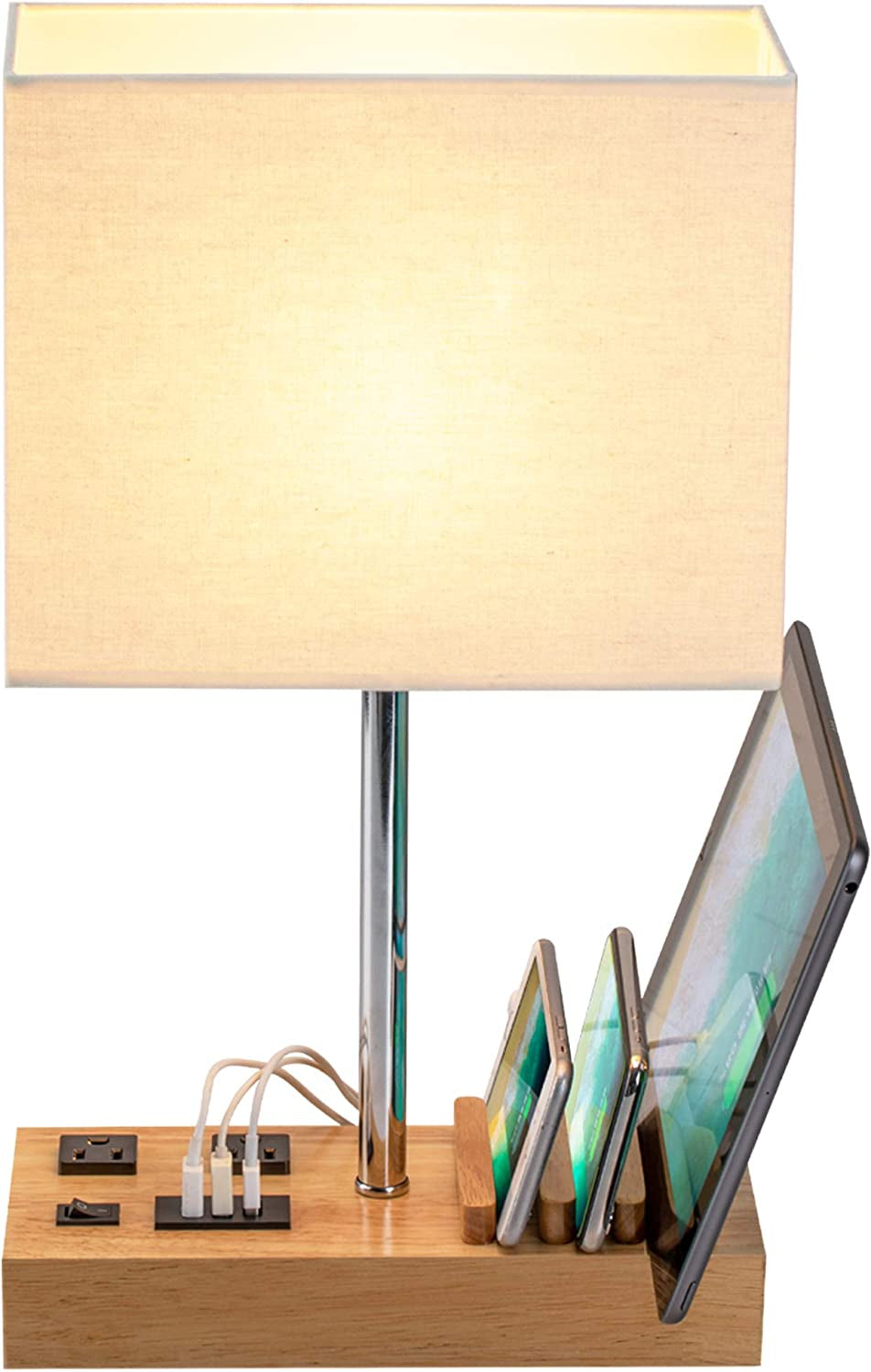 Desk Lamp with 3 USB Charging Ports, 2 AC Outlets, and 3 Phone Stands, Featuring a Natural Wooden Base and Cream Linen Shade for Nightstand Use