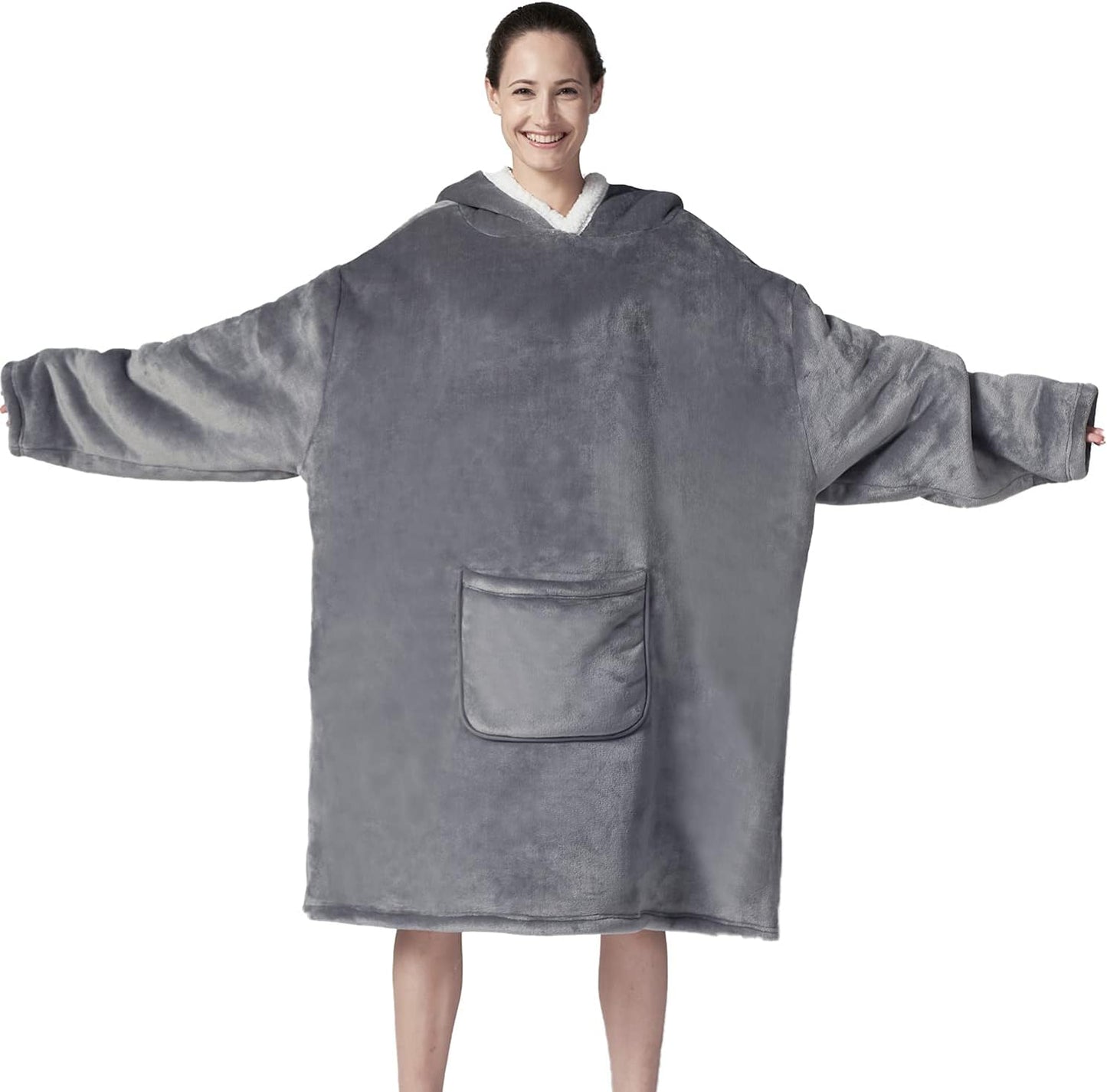 Oversized Wearable Sherpa Blanket Sweatshirt with Hoodie, Soft Flannel Fleece Throw with Sleeves and Pocket, One Size Fits All (Grey, Medium)