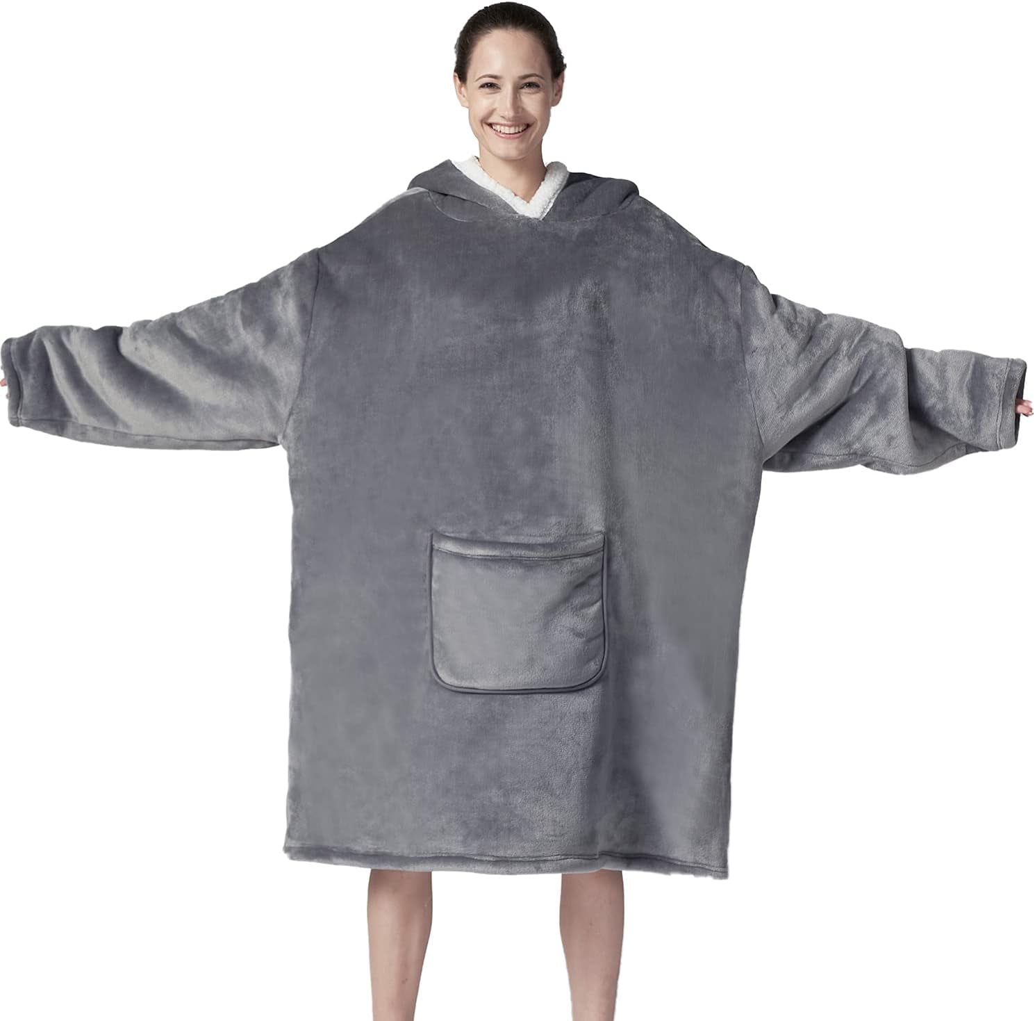 Oversized Wearable Sherpa Blanket Sweatshirt with Hoodie, Soft Flannel Fleece Throw with Sleeves and Pocket, One Size Fits All (Grey, Medium)