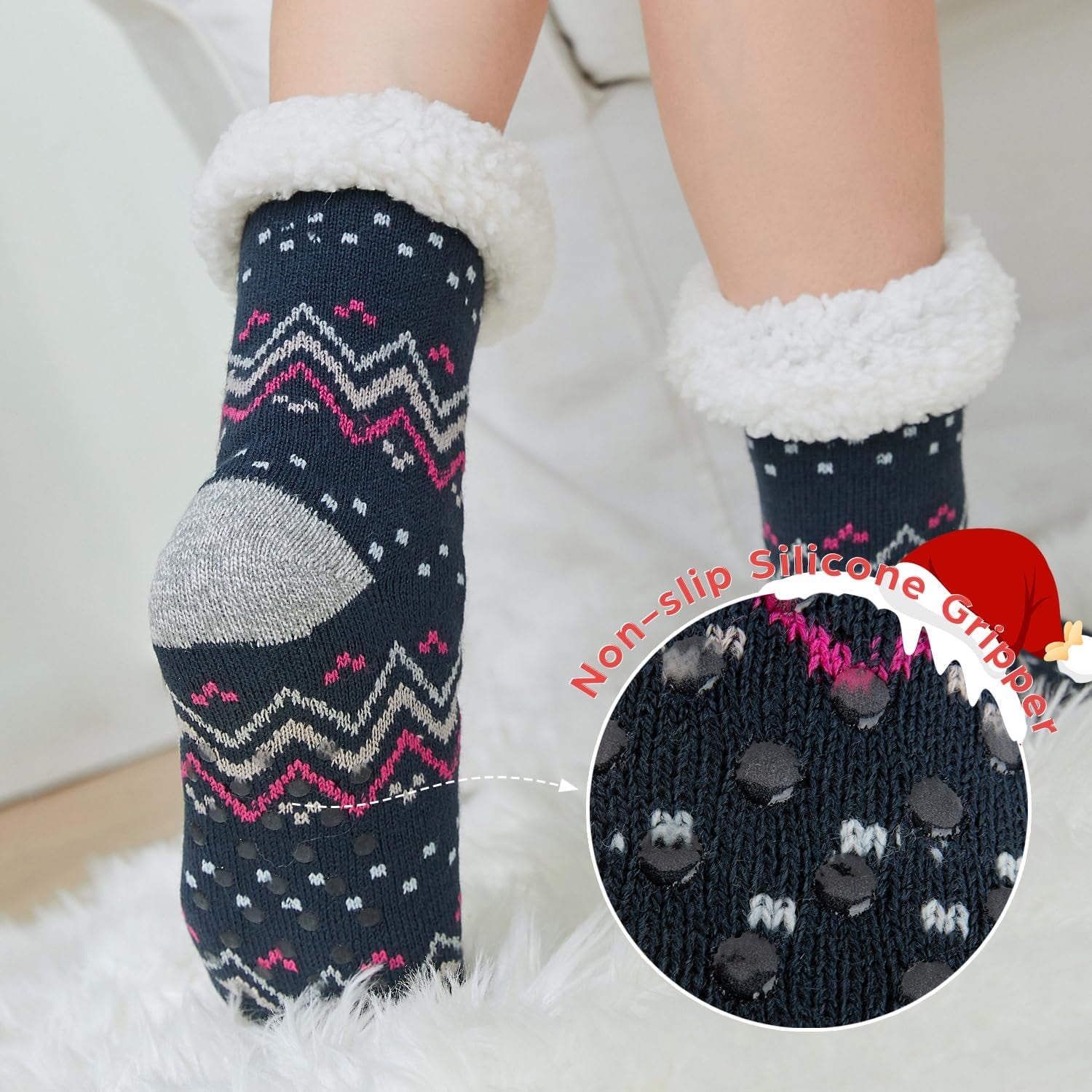 Women's Sock Slippers - 2 Pack Non-Slip Fuzzy Thermal Socks with Sherpa Fleece Lining and Grippers