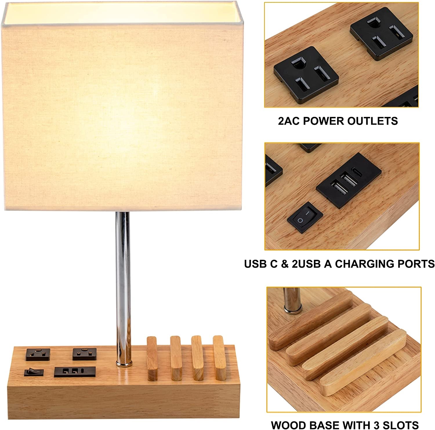 Desk Lamp with 3 USB Charging Ports, 2 AC Outlets, and 3 Phone Stands, Featuring a Natural Wooden Base and Cream Linen Shade for Nightstand Use