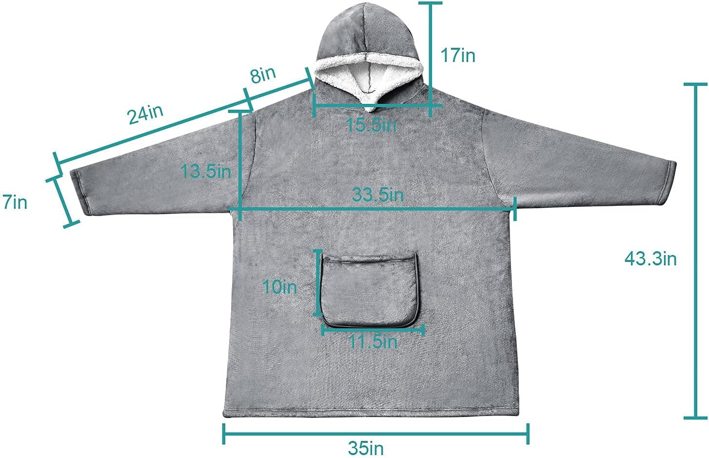 Oversized Wearable Sherpa Blanket Sweatshirt with Hoodie, Soft Flannel Fleece Throw with Sleeves and Pocket, One Size Fits All (Grey, Medium)