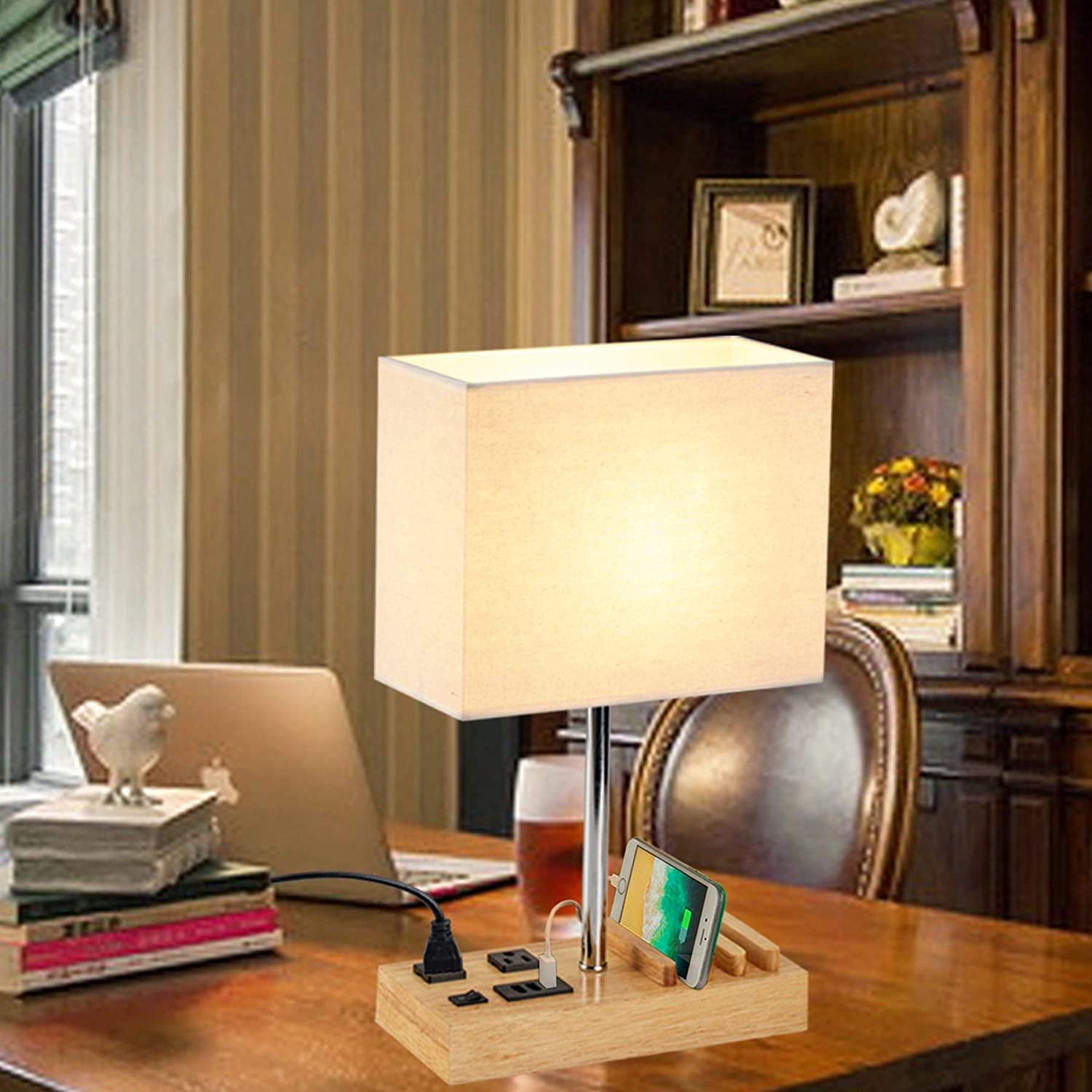 Desk Lamp with 3 USB Charging Ports, 2 AC Outlets, and 3 Phone Stands, Featuring a Natural Wooden Base and Cream Linen Shade for Nightstand Use