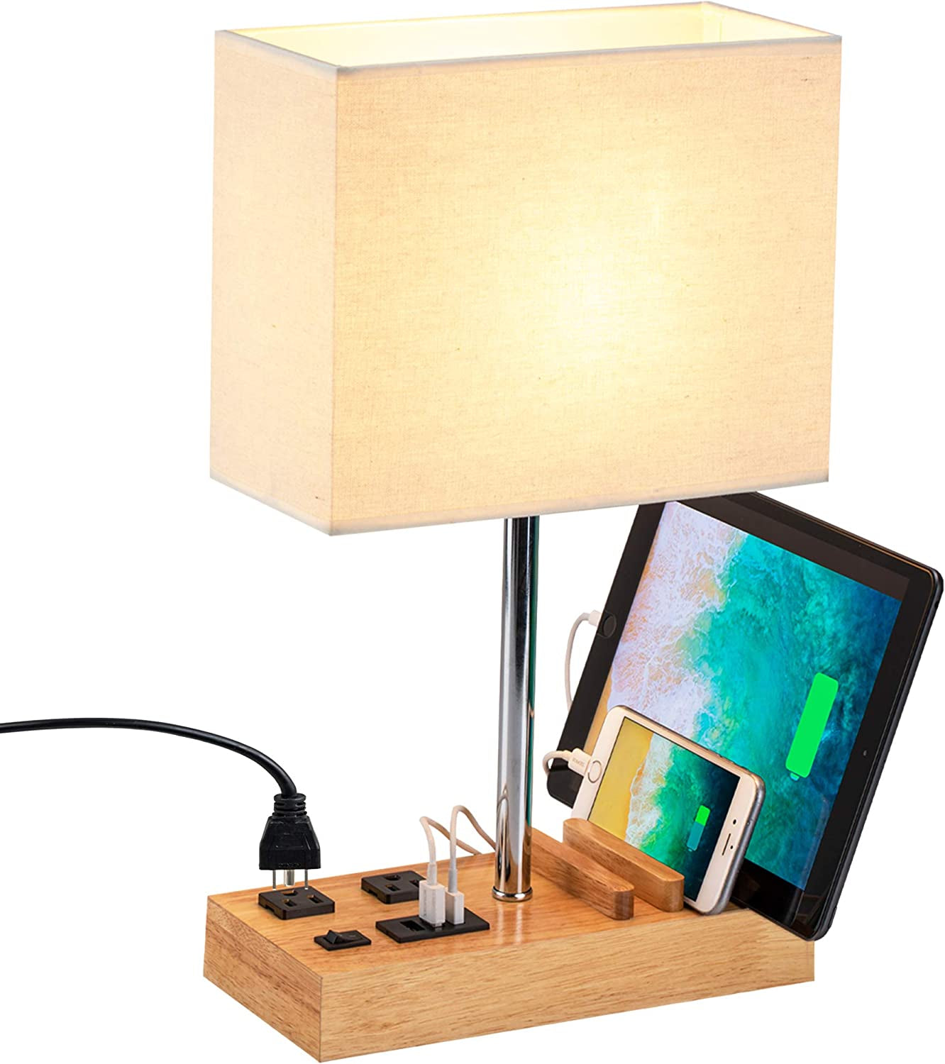 Desk Lamp with 3 USB Charging Ports, 2 AC Outlets, and 3 Phone Stands, Featuring a Natural Wooden Base and Cream Linen Shade for Nightstand Use